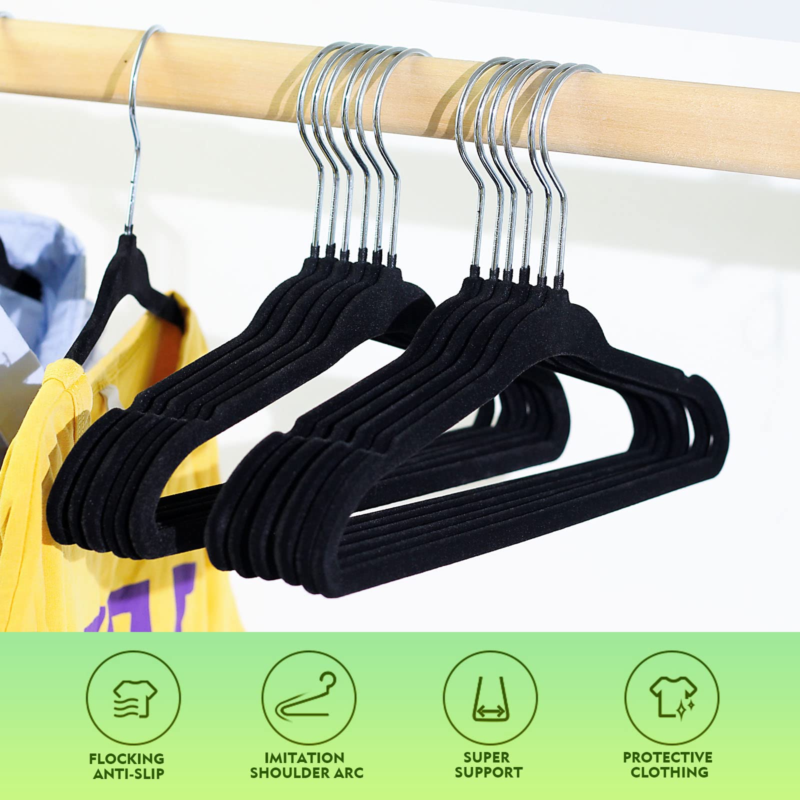 SKY-TOUCH 30Pcs Non-Slip Velvet Kids Hangers, Premium Baby Clothes Hangers with 360 Chrome Swivel Hook, Non Slip Toddler Hangers for Kids and Children Clothes Space saving (Black)