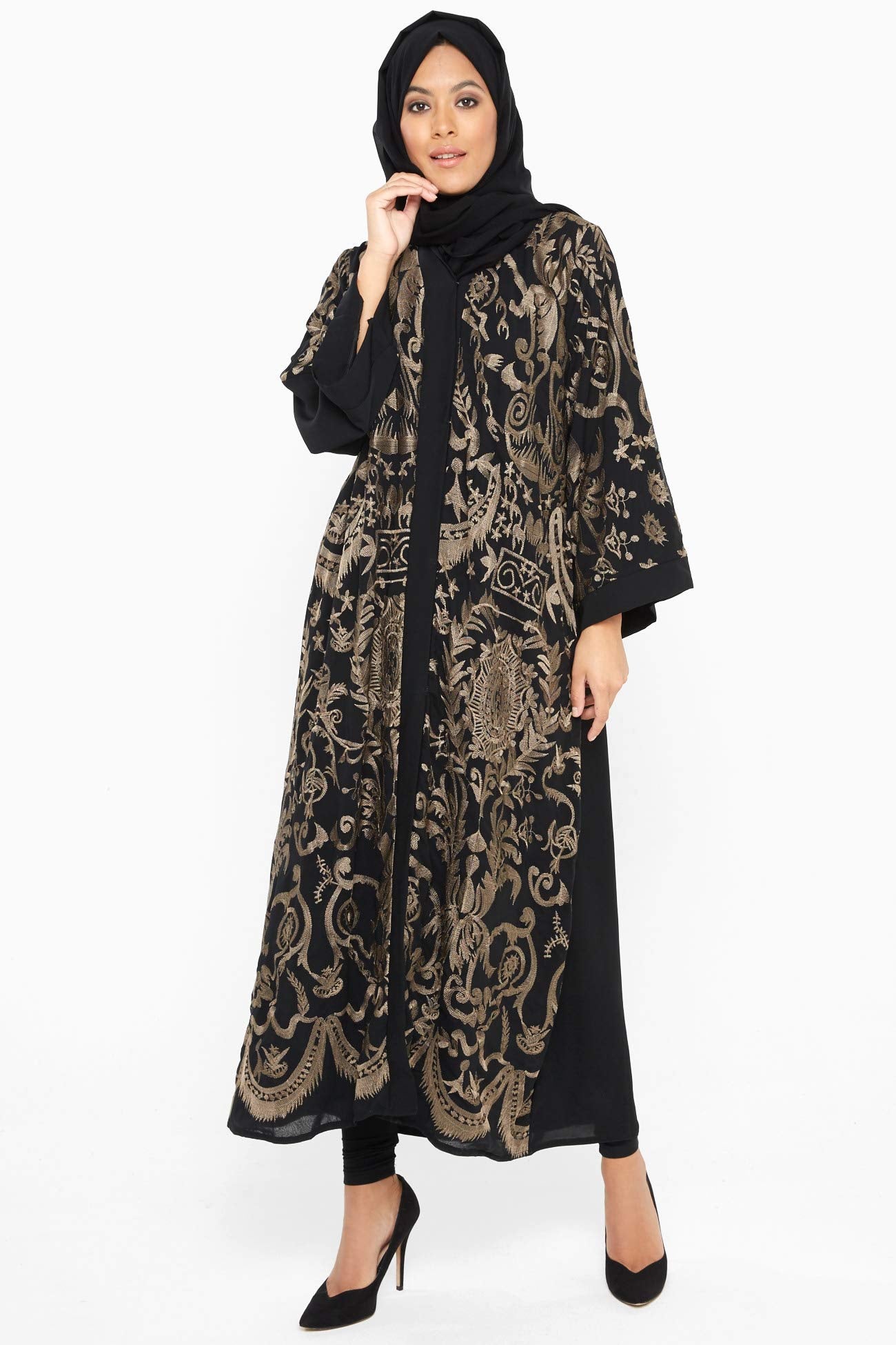 Nukhbaa Womens Abaya Made With Fine Fabric, Comes With Matching Hijab AJ365A, Black/Gold, S