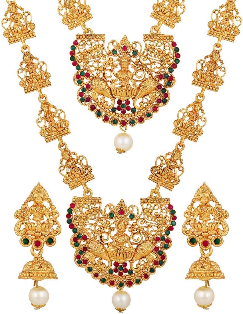 Shining Diva Fashion 18k Gold Plated Latest Long Short Combo Traditional Temple Necklace Jewellery Set for Women