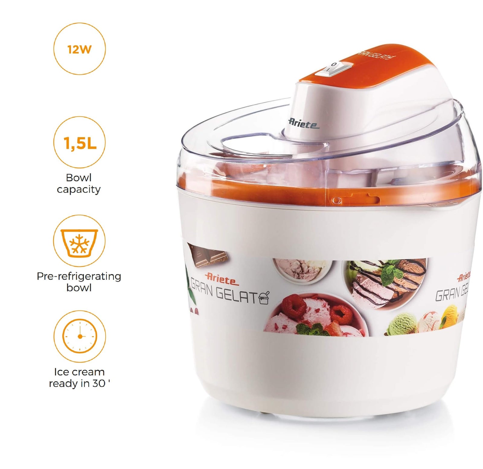 Ariete Electric Ice Cream Maker, 1.5L, 12W, Ready in 30 Min, Portable Ice Cream Machine for Home, Ideal for Making Sorbet, Frozen Yogurt & Dessert, 12h Pre-Refrigerating Bowl - ART642