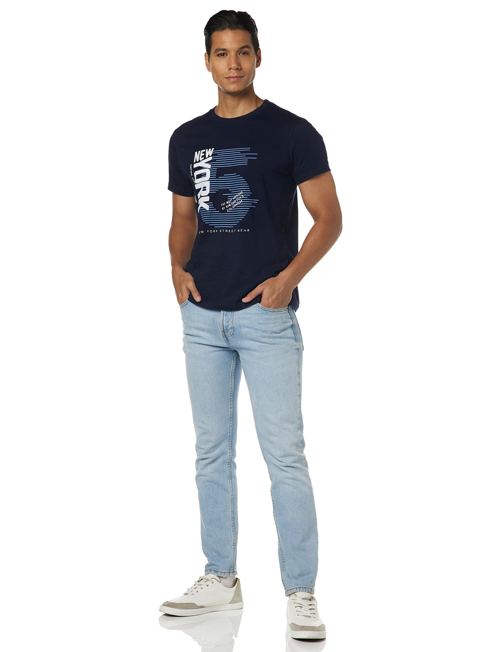 Deniklo Printed Round Neck T-Shirt For Men (DK474-XL_Navy)