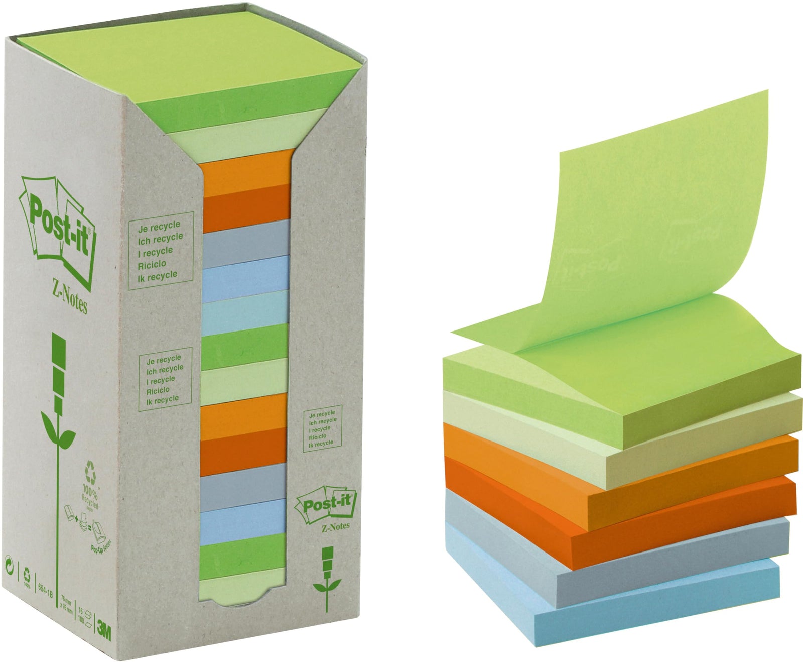 Post-It Pop-Up Recycled Notes Pastel Assorted Colors R330-1Rpt. 3 X 3 In (76 mm X 76mm). 100 Sheets/Pad, 16 Pads/Tower