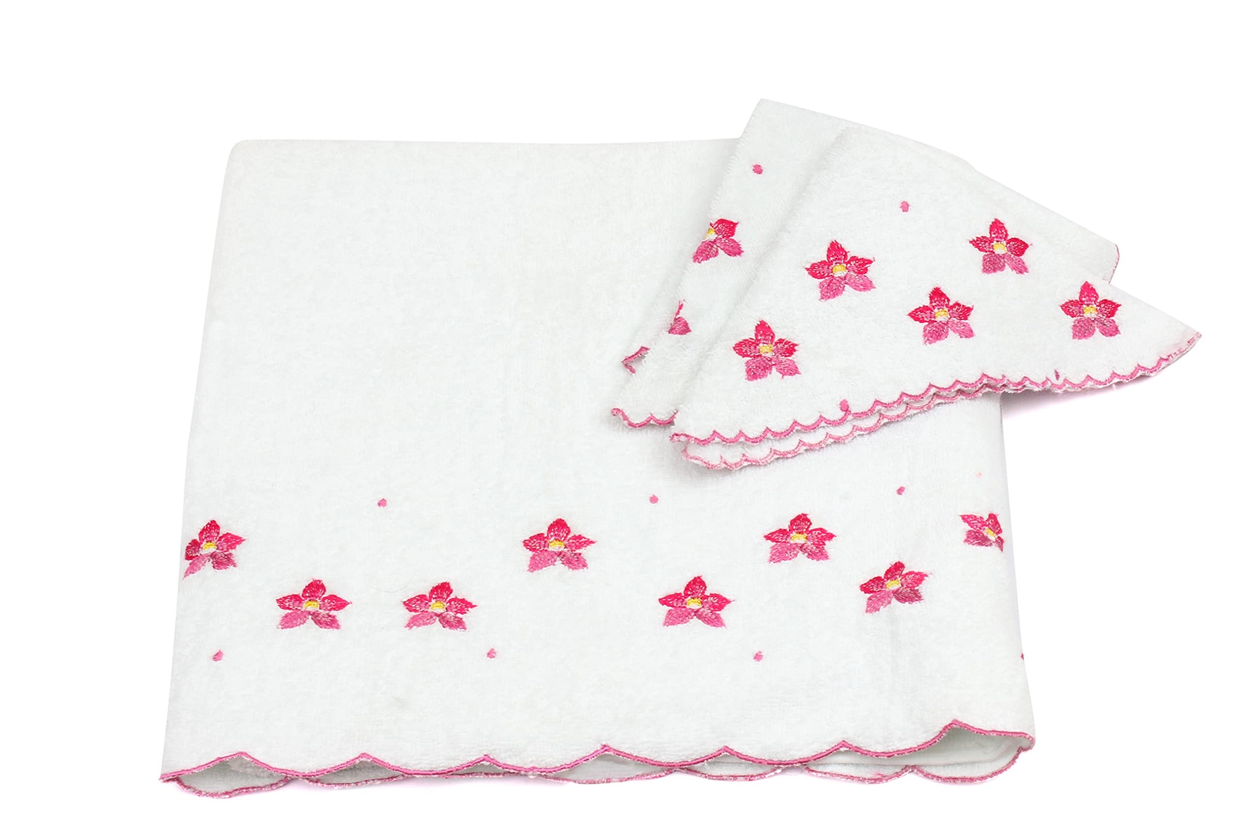 Charmaine bath (140x70) and hand (30x30) towel 3-piece set with embroidery motif scalloped borders, white-large White Large 3535320