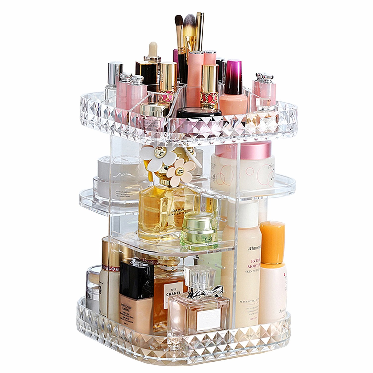 CUAFID Makeup Organiser 360-Degree Rotating Cosmetic Storage Box, DIY Adjustable Large Capacity Cosmetics Display Case Square Makeup Shelf with Diamond Pattern