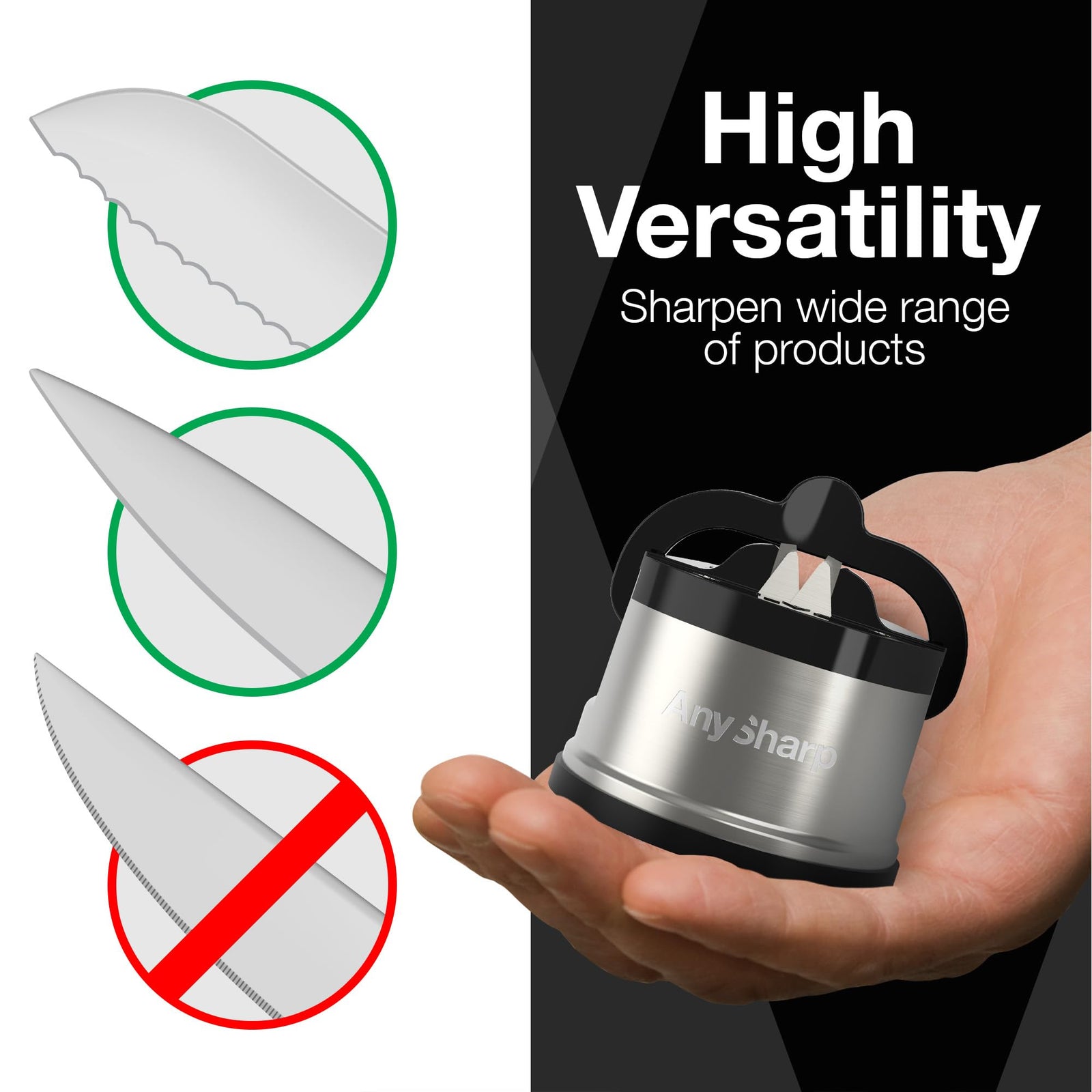 AnySharp Pro Knife Sharpener (Metal) with Suction Cup, Brushed Metal Finish, One Size