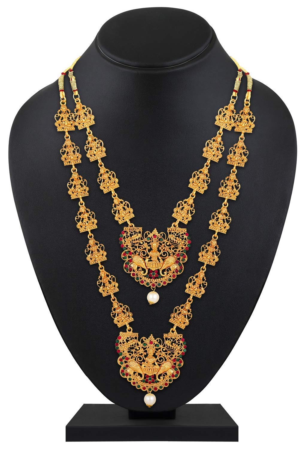 Shining Diva Fashion 18k Gold Plated Latest Long Short Combo Traditional Temple Necklace Jewellery Set for Women