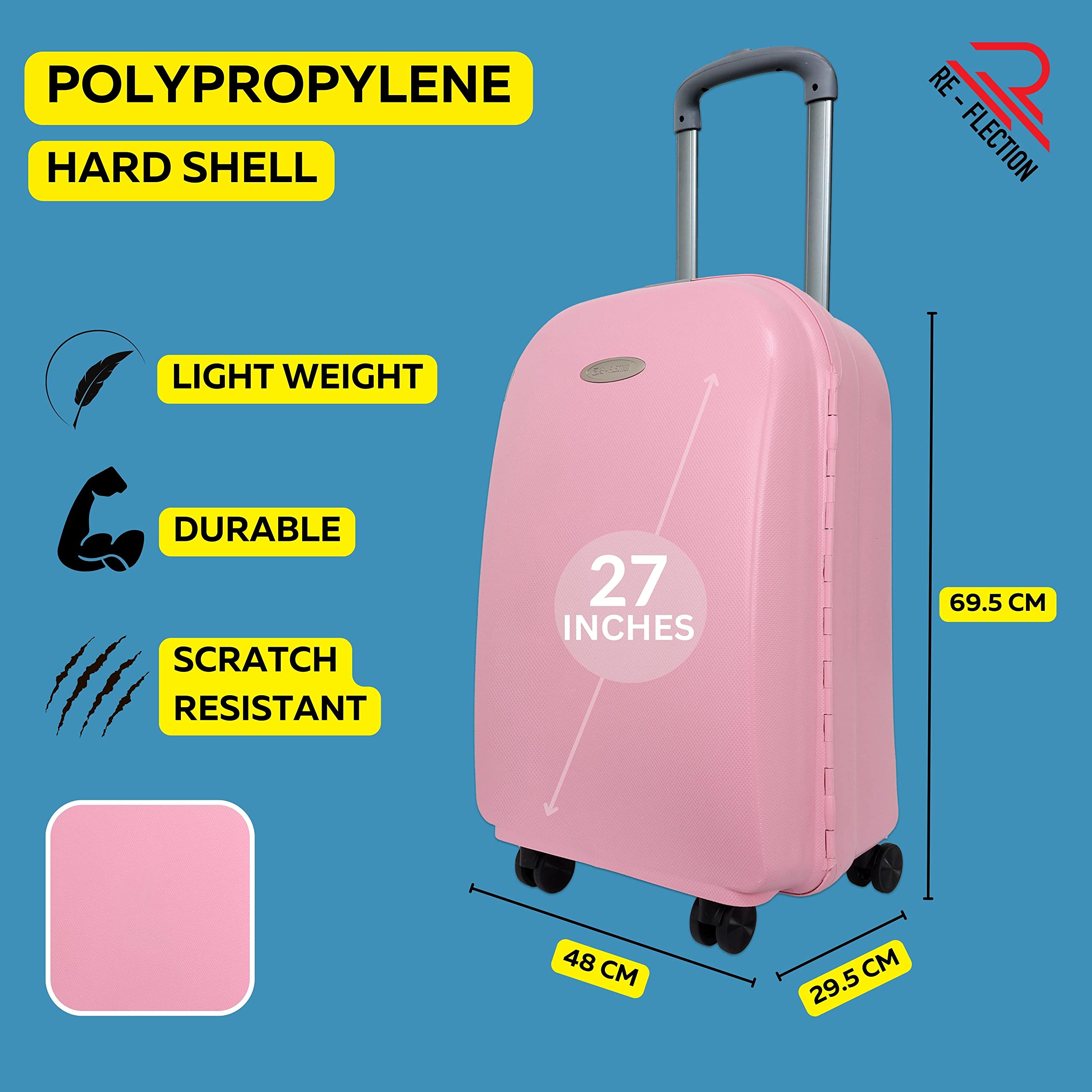 Re-flection Hardcase Trolley Luggage Bag – 21 Inch, Polypropylene Plastic, Portable with Ergonomic Soft Handles and Adjustable 3-Level Handle