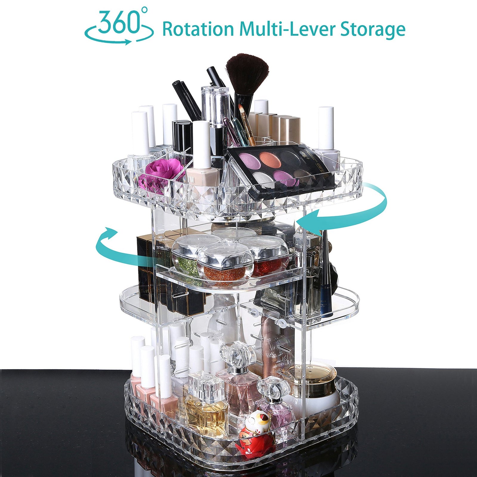 CUAFID Makeup Organiser 360-Degree Rotating Cosmetic Storage Box, DIY Adjustable Large Capacity Cosmetics Display Case Square Makeup Shelf with Diamond Pattern