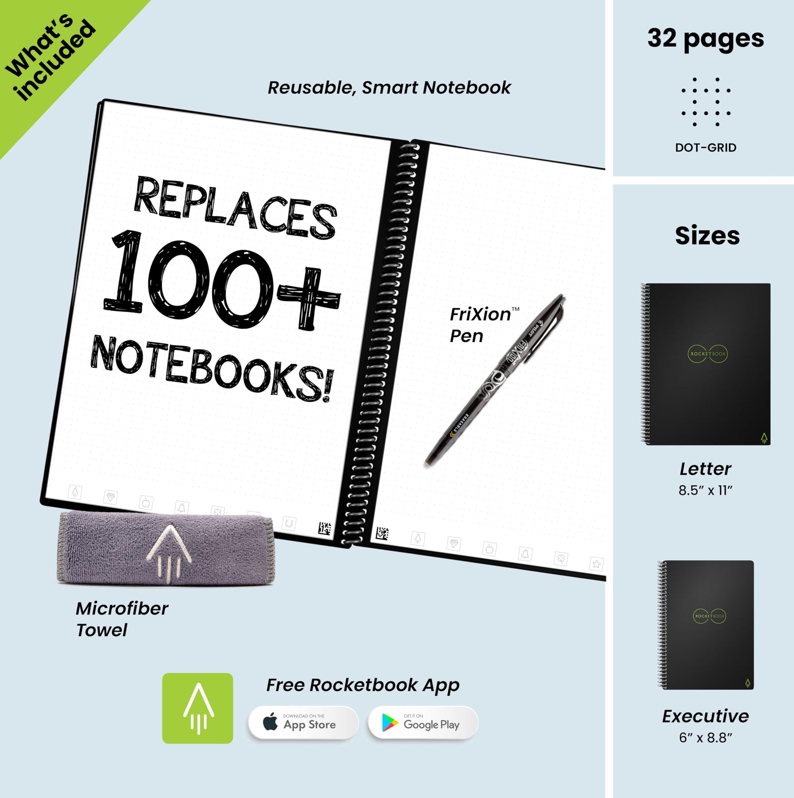 Rocketbook Smart REUsable Notebook - Dot-Grid Eco-Friendly Notebook With 1 Pilot Frixion Pen & 1 Microfiber Cloth Included - Infinity Black Cover, Executive Size (6