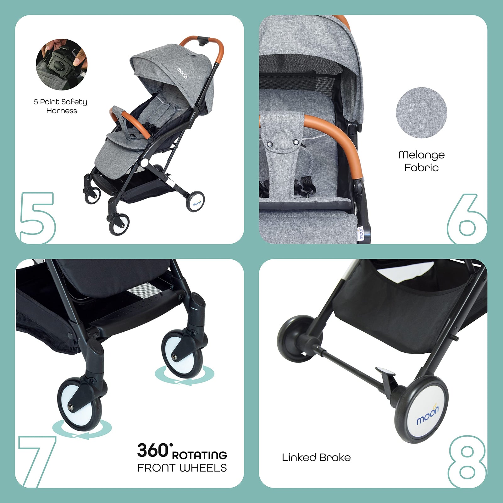 MOON Ritzi Cabin Stroller – Ultra Lightweight Baby Travel Gear for Airplane – Compact Fold Baby Trolley Push Chair – Adjustable Multi-Position seat – Birth to 3yrs (0-18kg) – Grey