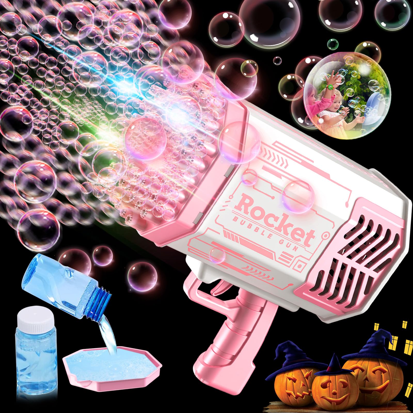 SHCKE 69 Holes Rocket Bubble Gun with Colorful Lights/Bubble Solution,Bubble Machine Gun, Bubble Guns for Kids Summer Outdoor Play Christmas Birthday Wedding Parties [Pink]