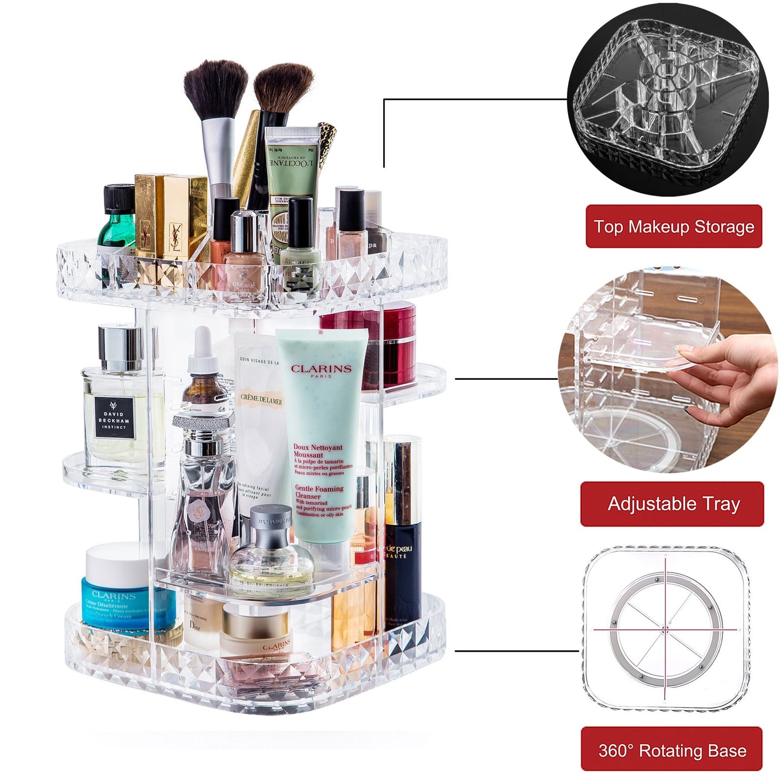 CUAFID Makeup Organiser 360-Degree Rotating Cosmetic Storage Box, DIY Adjustable Large Capacity Cosmetics Display Case Square Makeup Shelf with Diamond Pattern