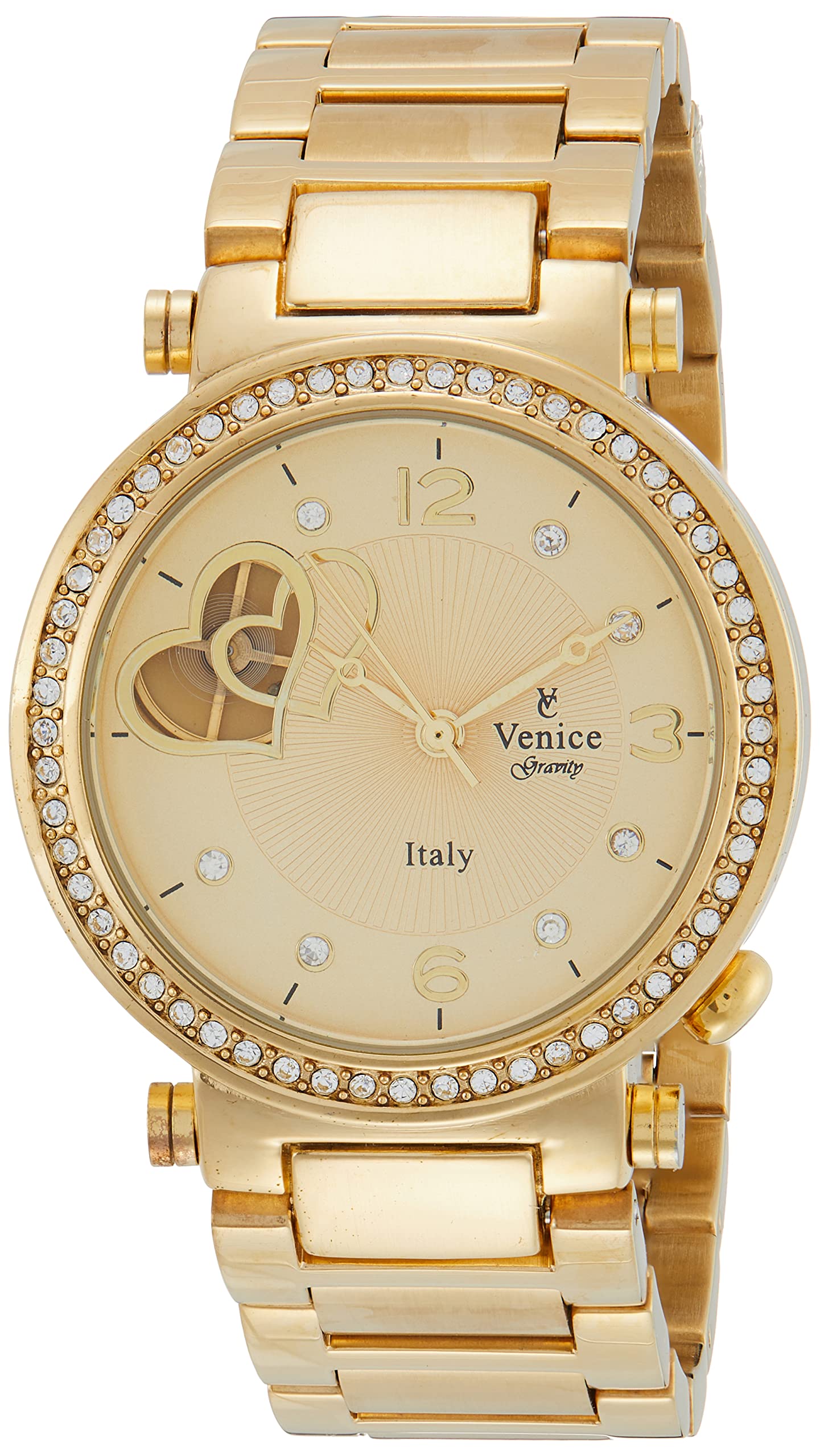 Venice V8120-IPG-G Stainless Steel Stone Embellished Bezel Round Analog Watch for Women - Gold