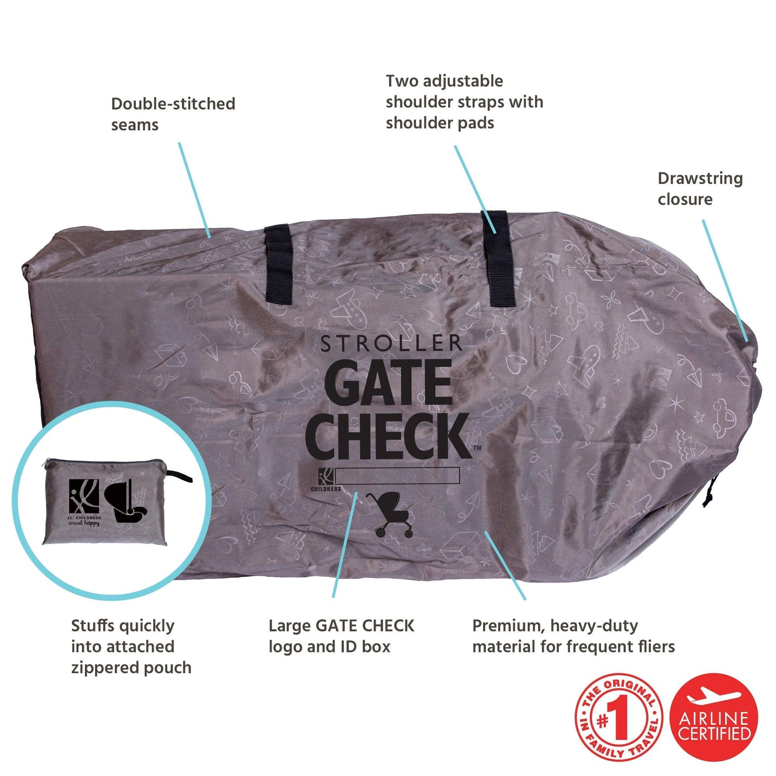 J.L. Childress Deluxe Gate Check Bag For Single & Double Strollers - Premium Heavy-Duty Durable Air Travel Bag, Adjustable Shoulder Straps Fits Most Strollers, Grey