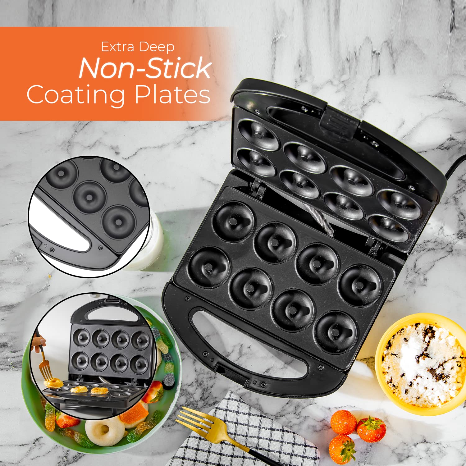 Geepas GDM36532 750W 8 Pcs Doughnut Maker - Non-Stick Cooking Plate| Comfortable Handle with Power On & Ready Indicator | 2 Years Warranty