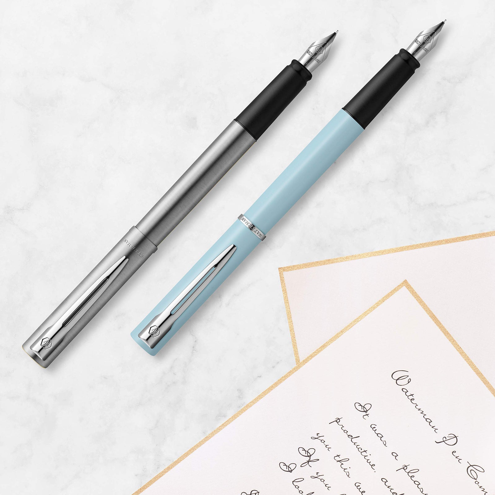 Waterman Graduate Chrome Fountain Pen, Fine Nib, Blue Ink