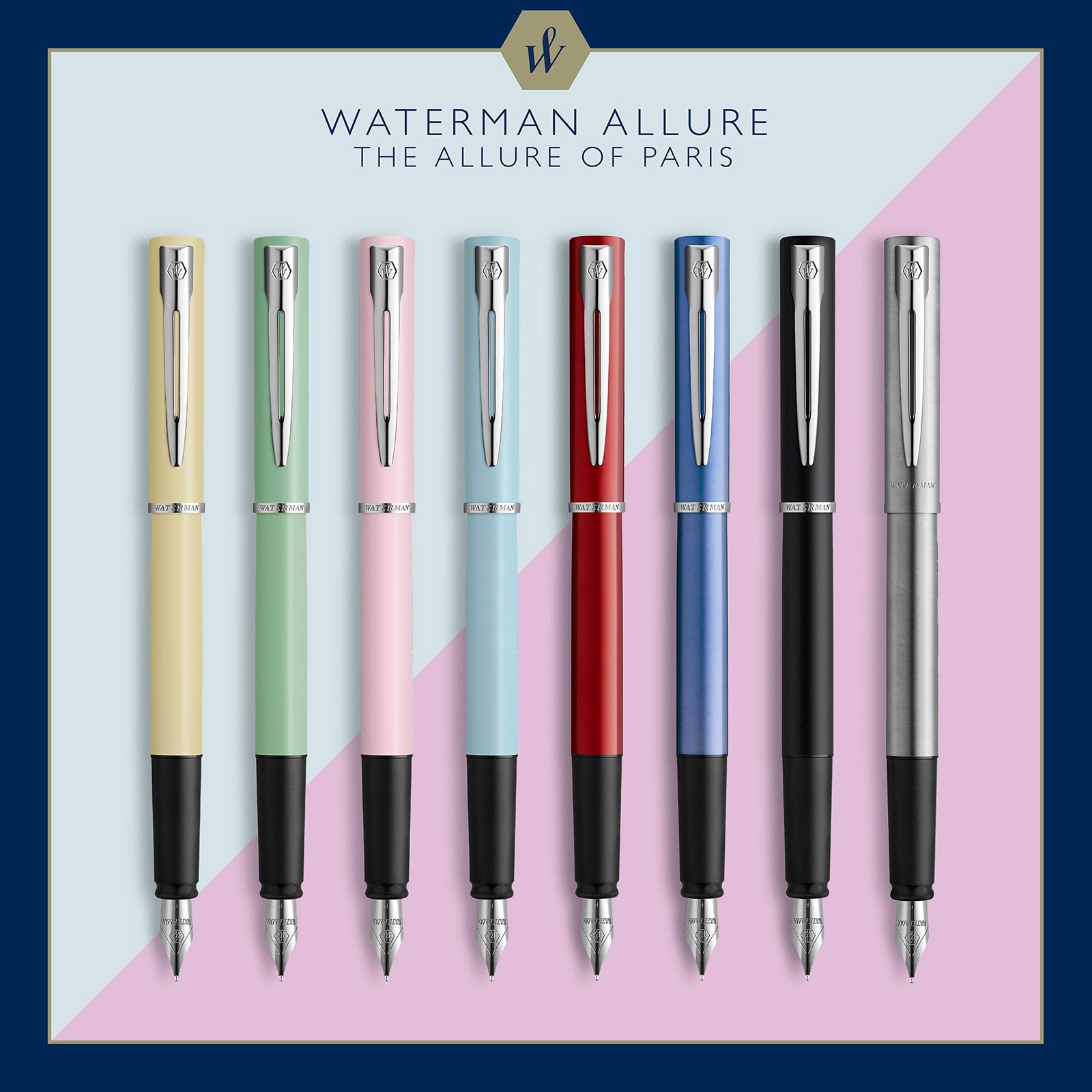 Waterman Graduate Chrome Fountain Pen, Fine Nib, Blue Ink