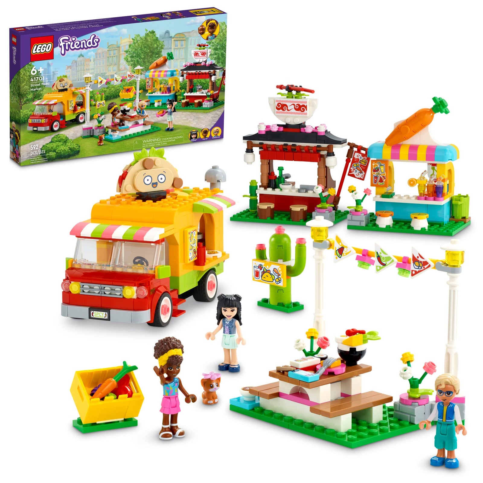 LEGO Friends Street Food Market 41701; New Food-Play Building Kit Promotes Imaginative Play; Includes Emma and Kitten Toy; Birthday Gift for Kids Aged 6+ (592 Pieces)