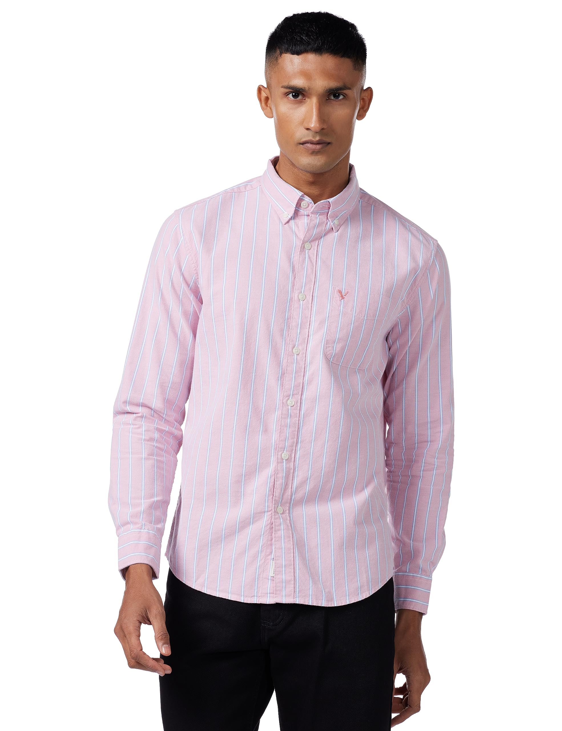 American Eagle Men's Striped Classic Fit Oxford Button-Up Shirt M PINK