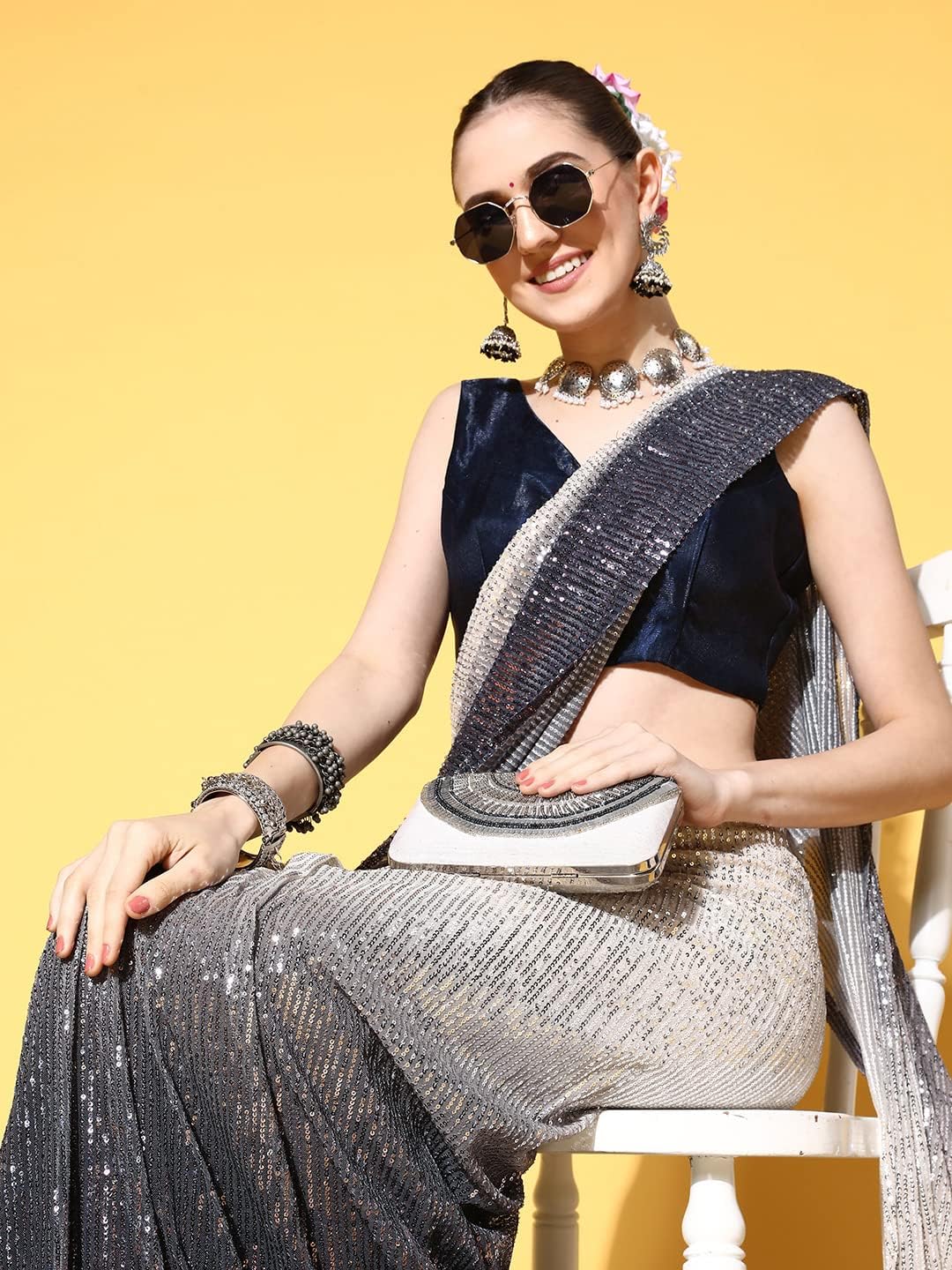 Womanista Women's Grey Satin Sequinns Embellished Ready to Wear Saree(TI2954_Grey_Onesize)