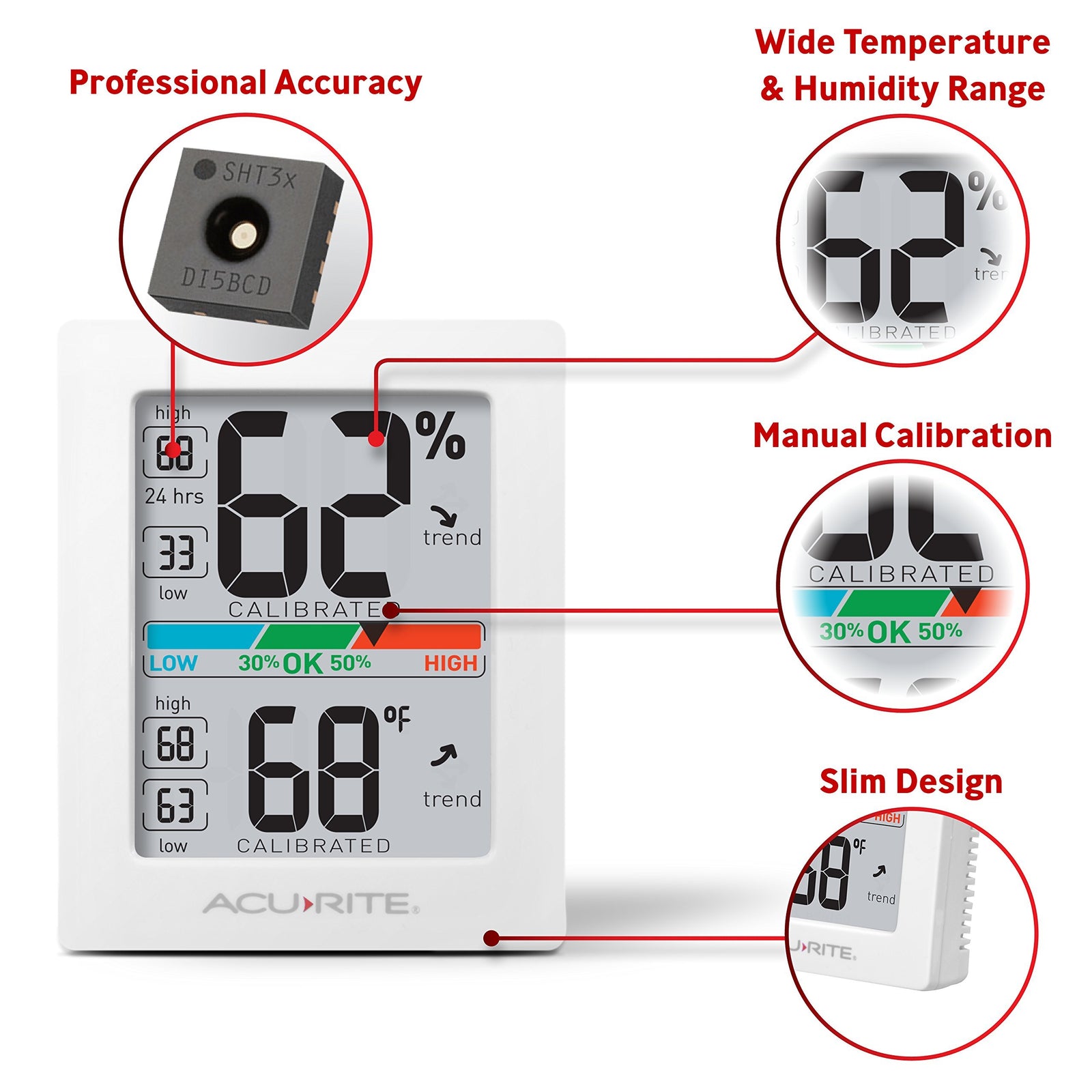 Acurite Digital Hygrometer With Indoor Monitor And Comfort Scale (01083M) Room Thermometer Gauge Temperature Humidity, 3 X 2.5 Inches