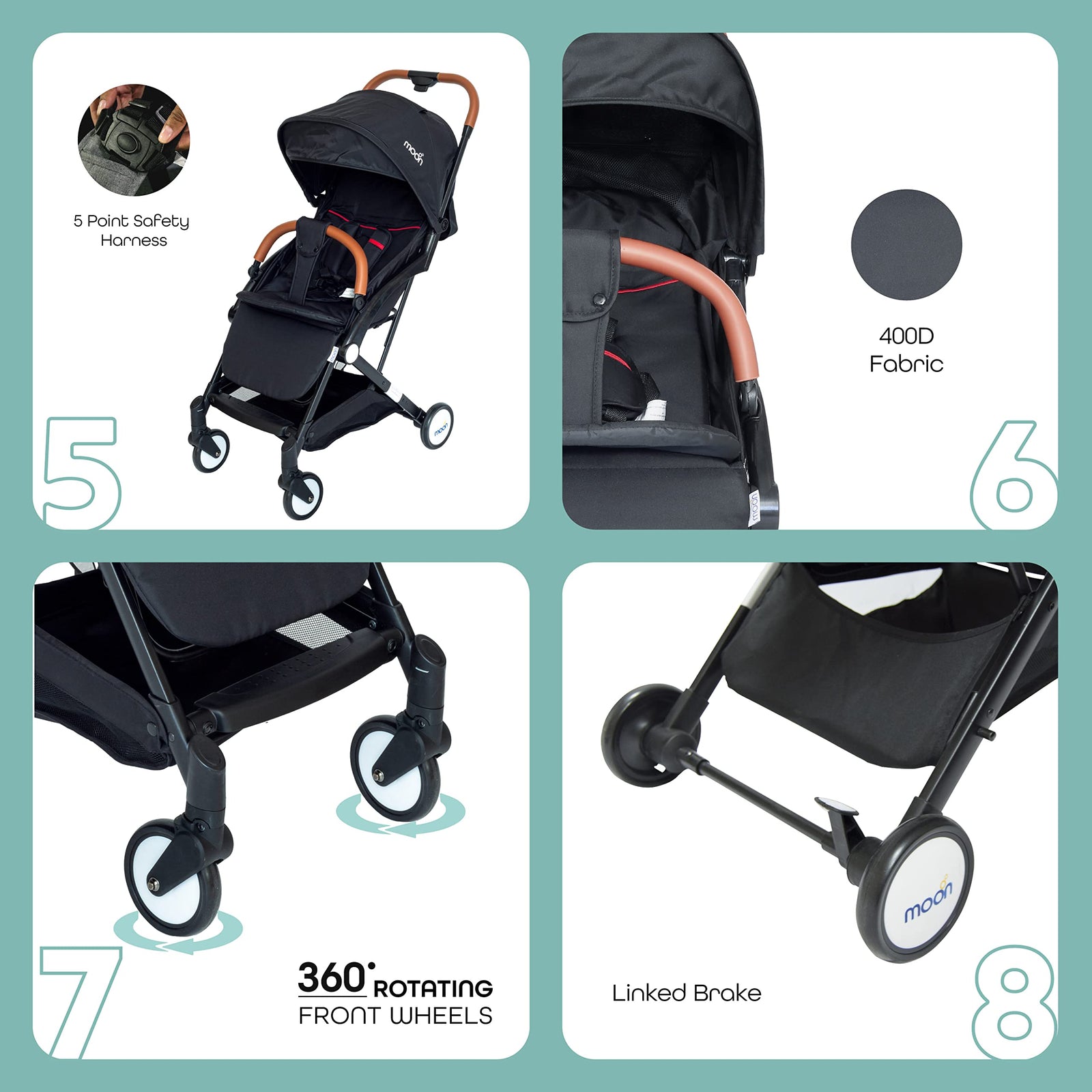 MOON Ritzi Cabin Stroller – Ultra Lightweight Baby Travel Gear for Airplane – Compact Fold Baby Trolley Push Chair – Adjustable Multi-Position seat – Birth to 3yrs (0-18kg) – Black