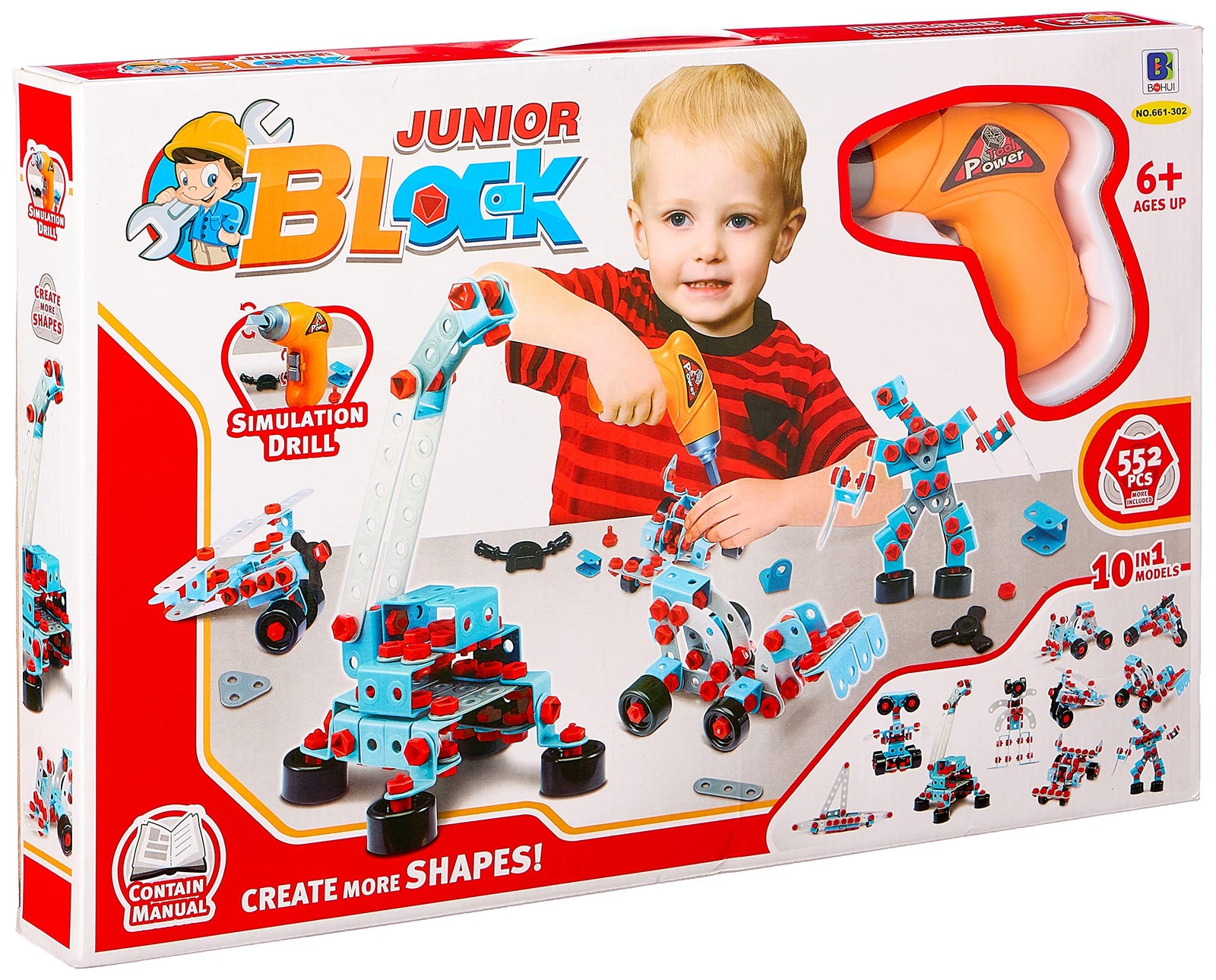 Junior block creat more shapes -simulation drill 552 pcs -10*1 model +6y