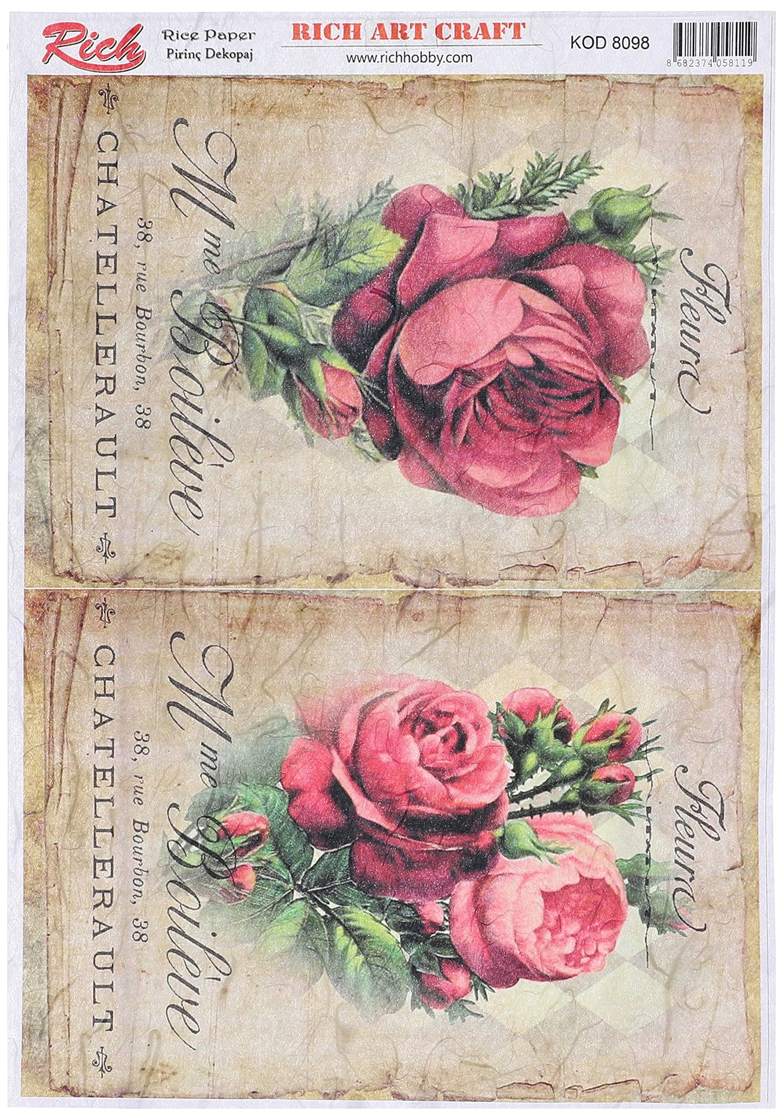 Rich rice paper - vintage rose print- dark beige & pink