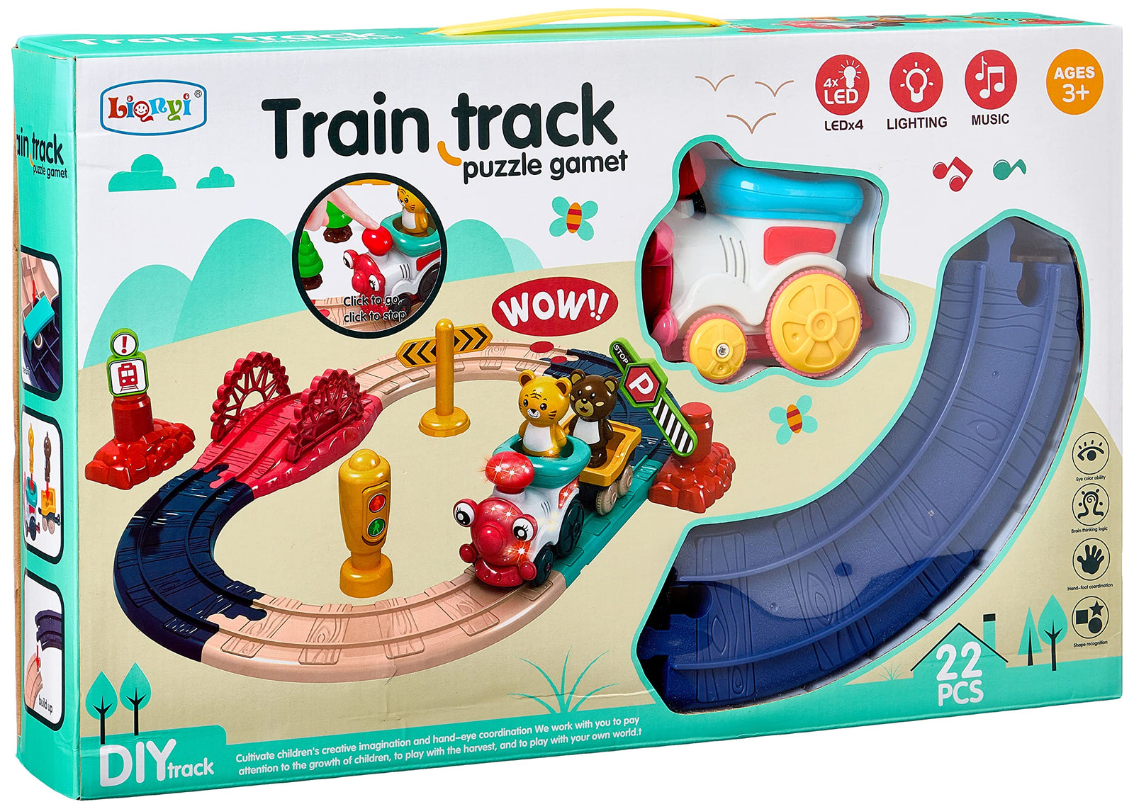 Light music puzzale game track train with drag card animals 22 pcs