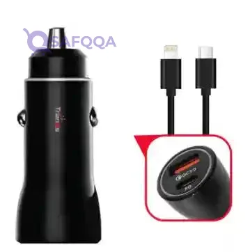 Trands Car Charger with Type-C to Lightning Cable, Dual Port Fast Charging Car Adapter, Black