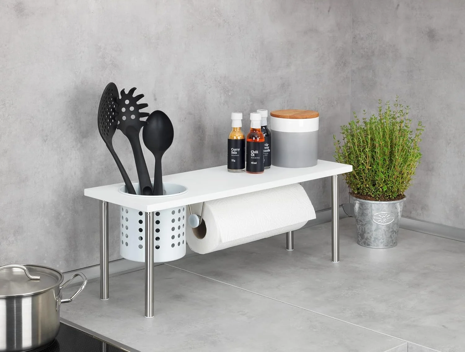 WENKO Blanco Kitchen Shelf MDF – Kitchen Roll & Utensil Holder Storage Rack White