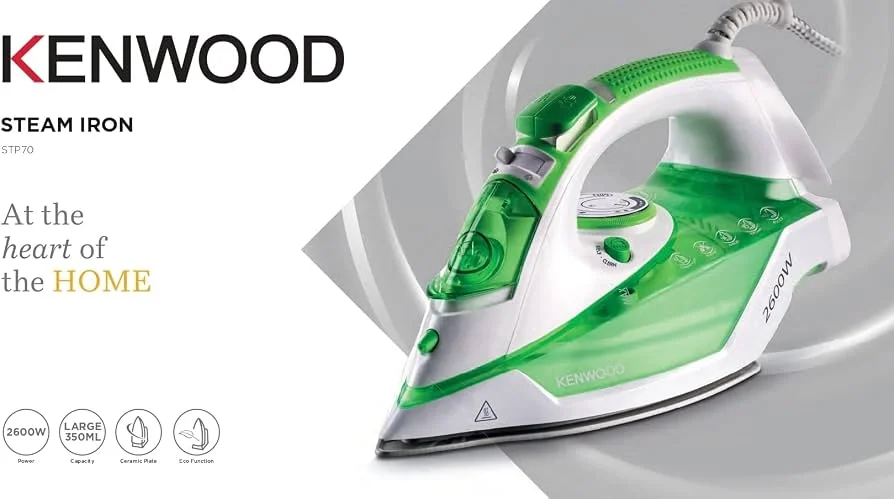 Kenwood 2600W Steam Iron – 350ml, Ceramic Soleplate, 45/140g Steam, STP70.000W