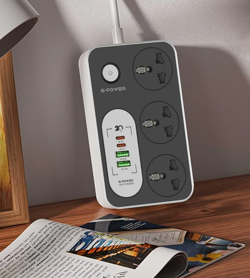G-Power GP342 Power Strip Surge Protector – 220V, 3 Universal Sockets & Dual Type-C 20W Charging Ports
