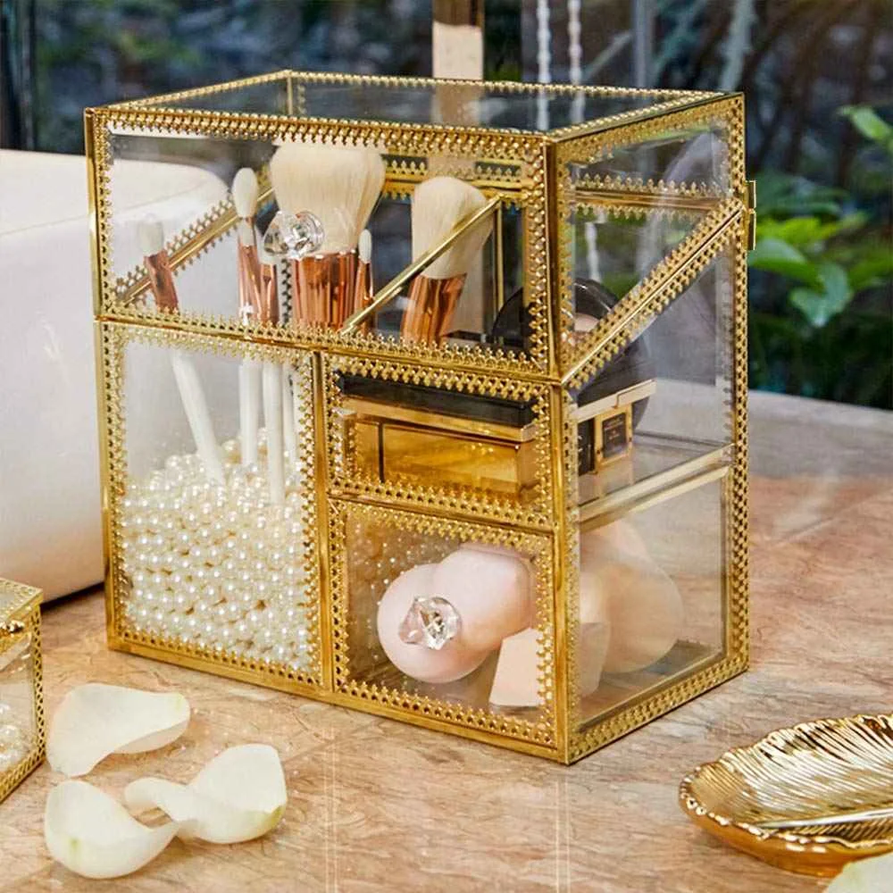 PuTwo Makeup Brush Organizer Vintage Brass Edge Large Storage Holder