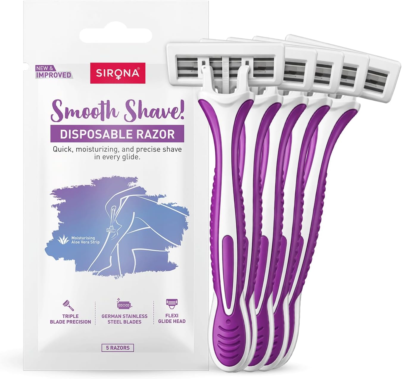 Sirona Disposable Hair Removal Razor for Women with Aloe Strip 2 Blade Pack of 5