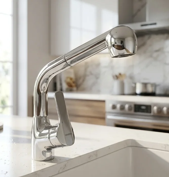 Genebre K8 612066 Chrome Kitchen Mixer with High Bridge, 120 cm Hose and Dual Heads – 31.5 cm – Minor Scratch