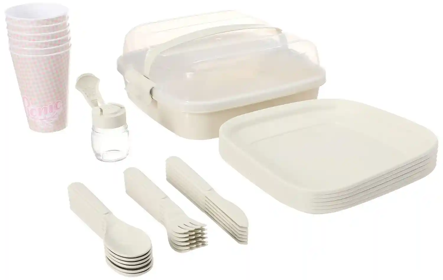 Black Bear 32-Piece Plastic Picnic Set with Storage Box Creamy