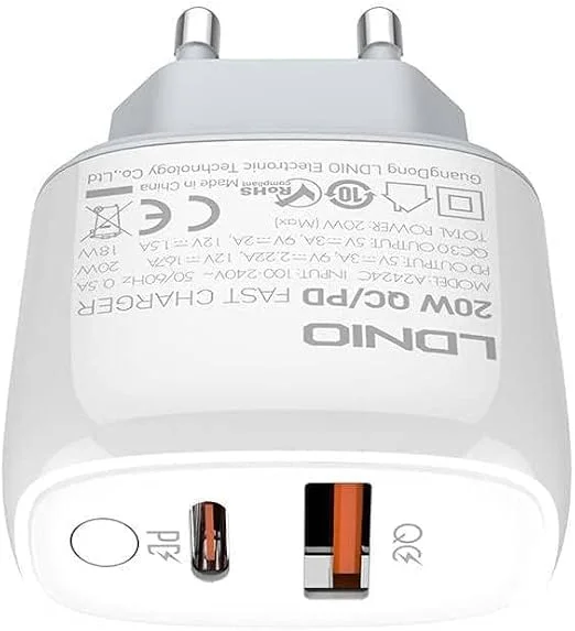LDNIO A2424C 20W Fast Wall Charger with Dual USB & USB-C Ports and Type-C to Type-C Cable
