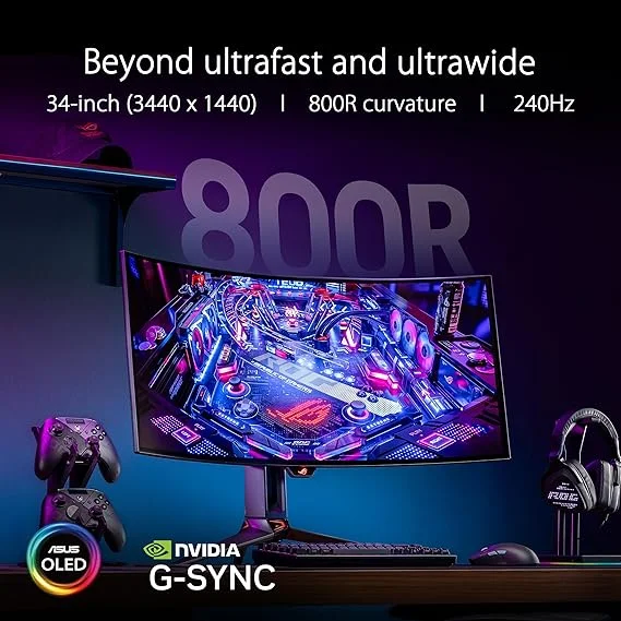 ASUS ROG Swift OLED PG34WCDM 34 Inch UWQHD Curved Gaming Monitor, 240 Hz, 0.03 ms GtG, G-Sync, FreeSync/AdaptiveSync, 10-bit, DisplayHDR 400 – KVM, 21:9, 3440 x 1440, DP 1.4, HDMI 2.1, 90 W USB-C, USB opn box