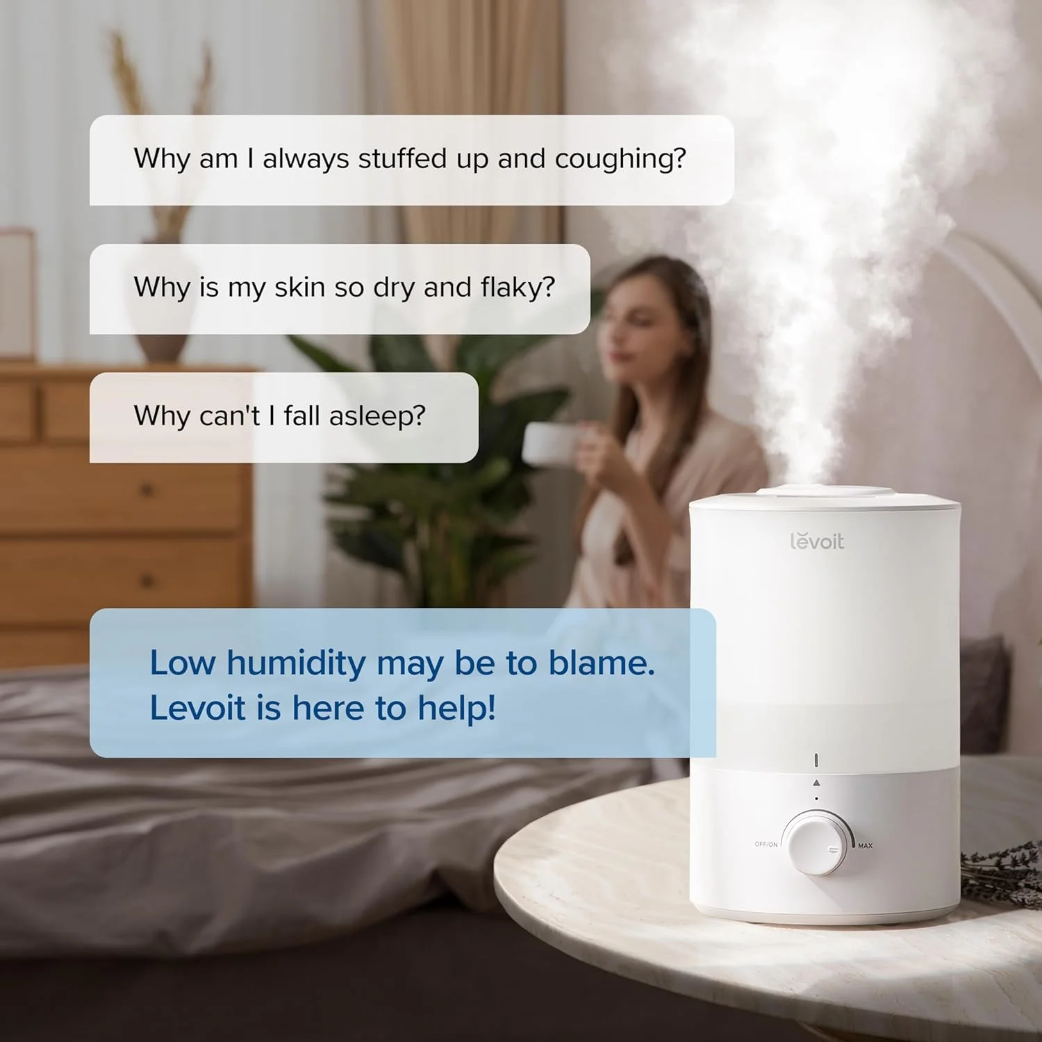 LEVOIT Cool Mist Humidifier 3L White with Night Light