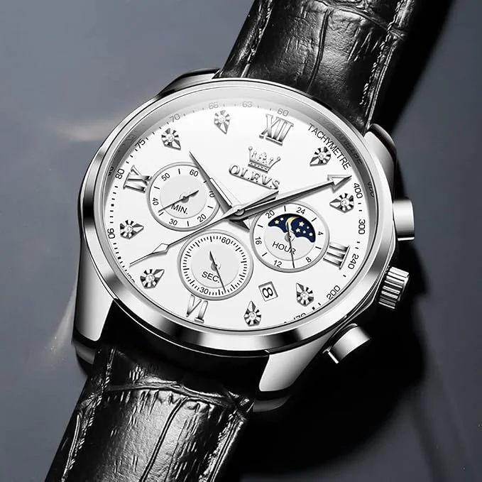 OLEVS Men's Casual Quartz Watch with Genuine Leather Strap – Open Box