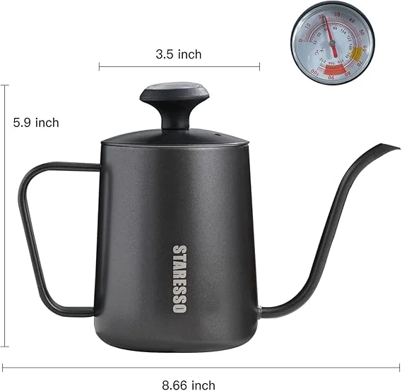 (STARESSO Hand Drip Coffee Kettle 550ml – Stainless Steel Gooseneck with Thermometer ( Minor Scratches & Damaged Box