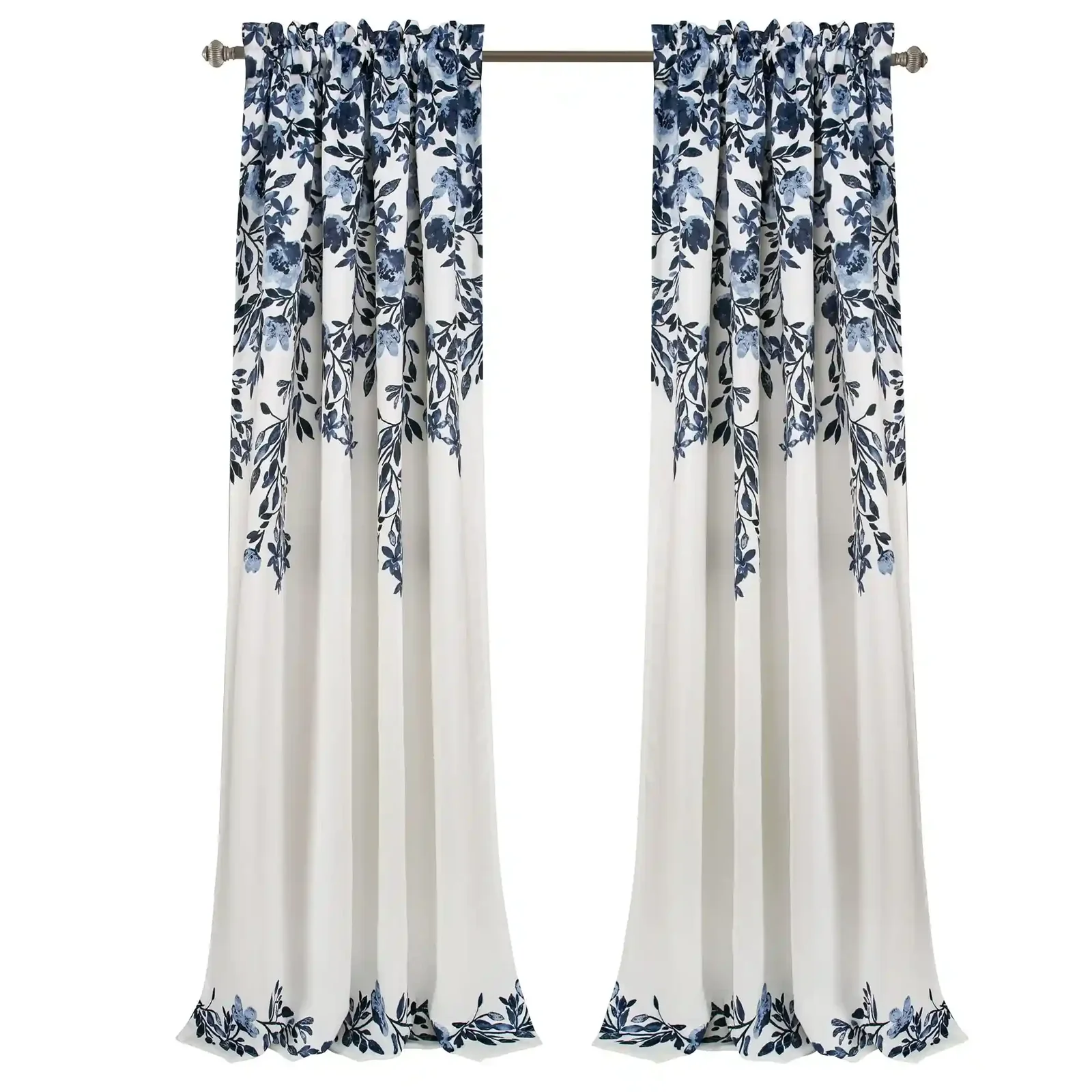 Lush Decor Tanisha Room Darkening Curtains – Navy & White Floral Vine Print Window Panel Set (95" x 52", Pair)