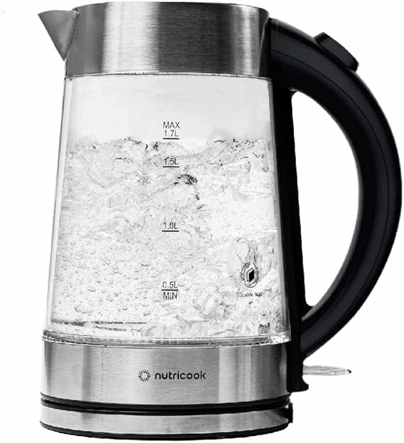 Nutricook Glass Electric Kettle 1.7L – 2200W Fast Boil, Double-Wall Insulation (Scratched + Damaged Box)