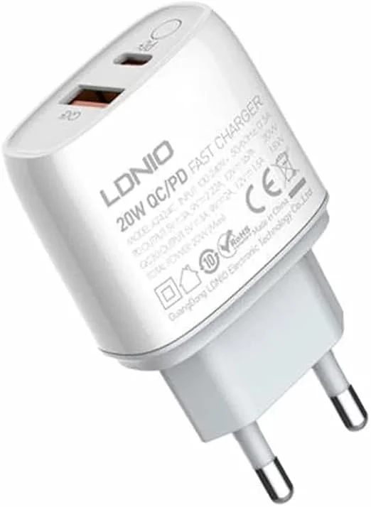 LDNIO A2424C 20W Fast Wall Charger with Dual USB & USB-C Ports and Type-C to Type-C Cable