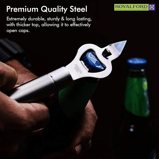 Royalford Stainless Steel Bottle and Can Opener with Ergonomic Handle and Hanging Loop