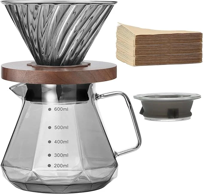 KASTWAVE Pour Over Coffee Maker 600ml with Filters and Walnut Handle Gray