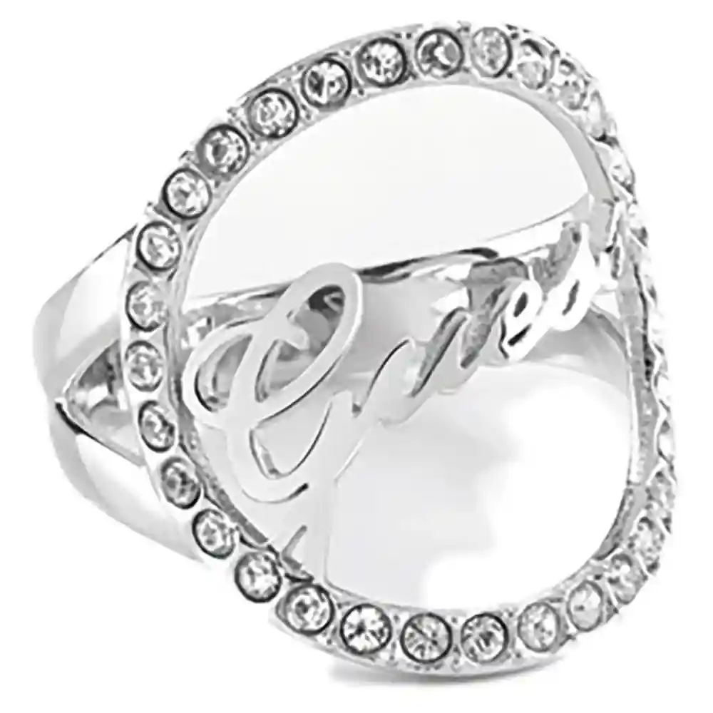 Guess Women Stainless Steel Ring Silver Zircon Embellished Stone Front Logo Fashion Jewelry Elegant Durable Statement Ring Stylish Design
