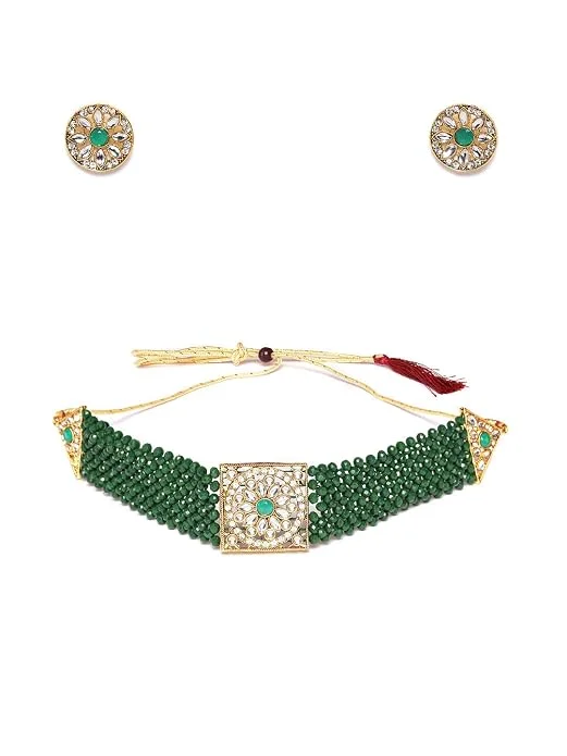 ZAVERI PEARLS Women's Green Crystal Beads & Kundan Choker Necklace & Earring Set
