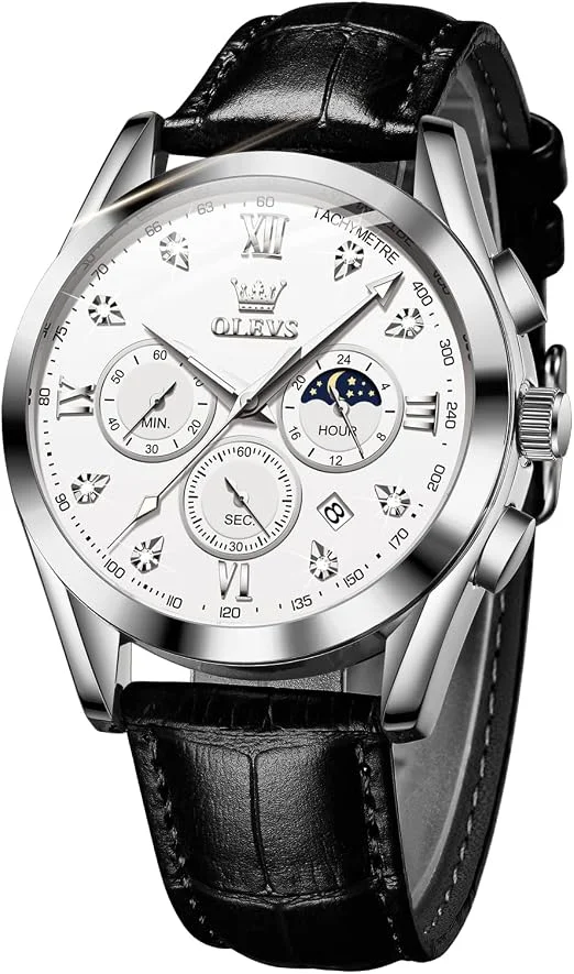 OLEVS Men's Casual Quartz Watch with Genuine Leather Strap – Open Box